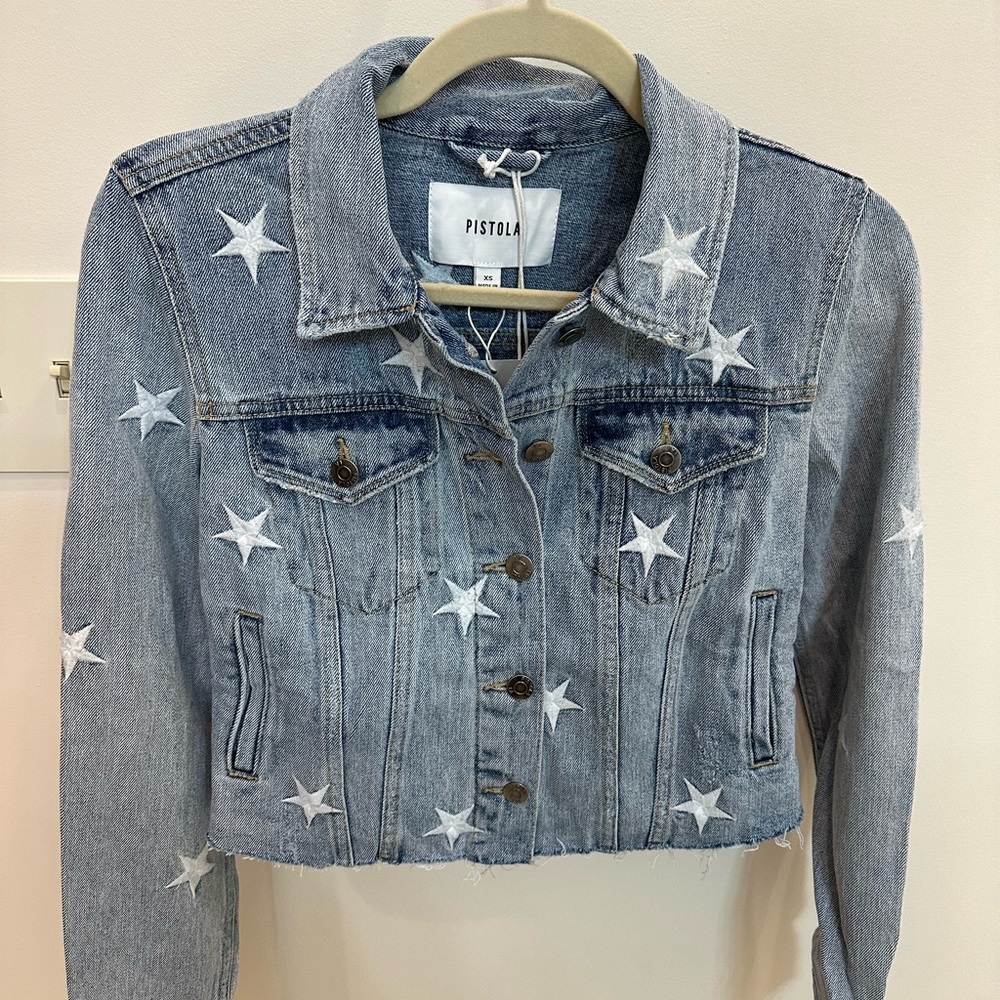 BNWT Pistola Star Embroidery Cropped Denim Jacket, XS